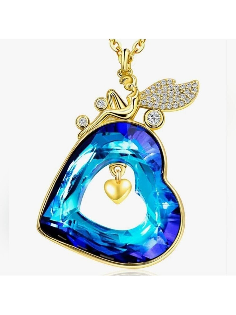 14K Yellow Gold Plated Heart Crystal Pendant Necklace, Blue